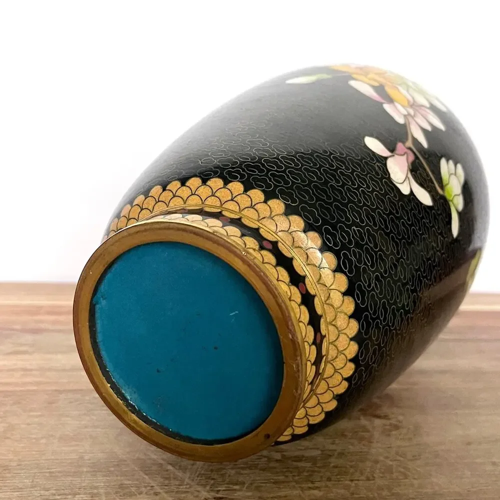 Vintage Chinese Cloisonne Lotus Flower Floral Botanical Bird Vase 10